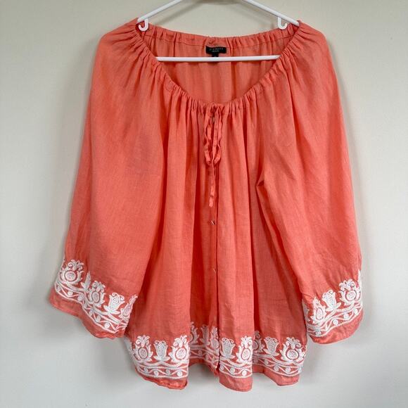 Talbots Tops - Talbots 100% Linen Floral Embroidered Peasant Blouse Womens Size MEDIUM Coral